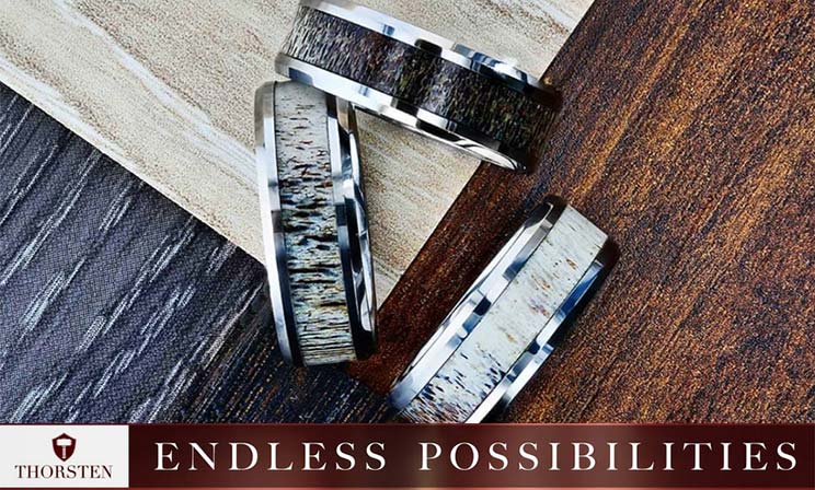 <p>Thorsten strives to be the best in the industry by providing the best quality
products, craftsmanship, design, and selection.  &nbsp;All of our </p>
<p>Thorsten takes an "Anything is Possible" approach to wedding bands.&nbsp; Some of the newest styles include deer antler inlays, wood inlays and dinosaur bone inlays. There are more than 400 style choices.&nbsp; You're sure to find something unique!</p>